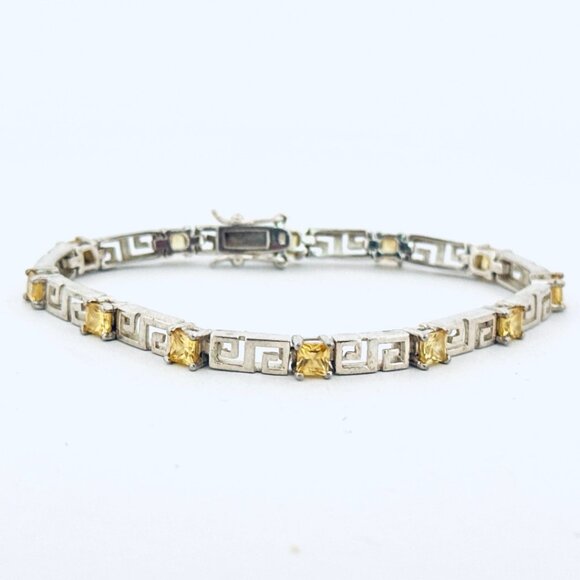 Estate Sterling Silver 925 Bracelet Greek Key w/ Yellow Gemstones 7” 15.5g - Picture 1 of 9